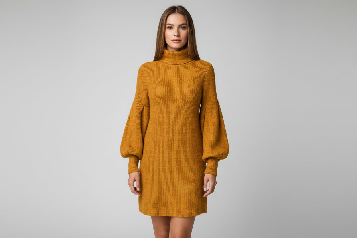Women’s Lantern Sleeve High Collar Knitted Dress
