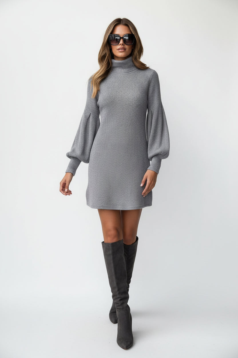 Women’s Lantern Sleeve High Collar Knitted Dress