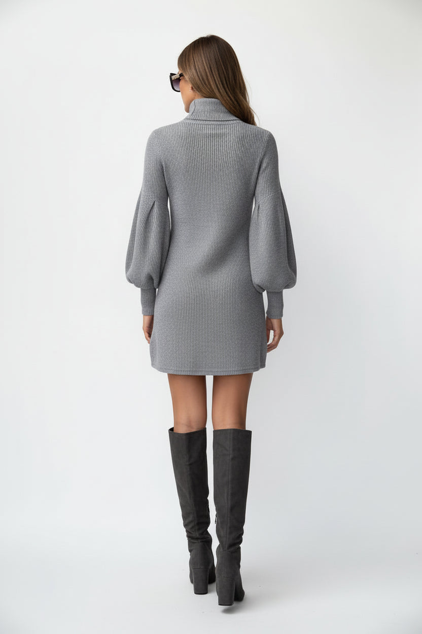 Women’s Lantern Sleeve High Collar Knitted Dress