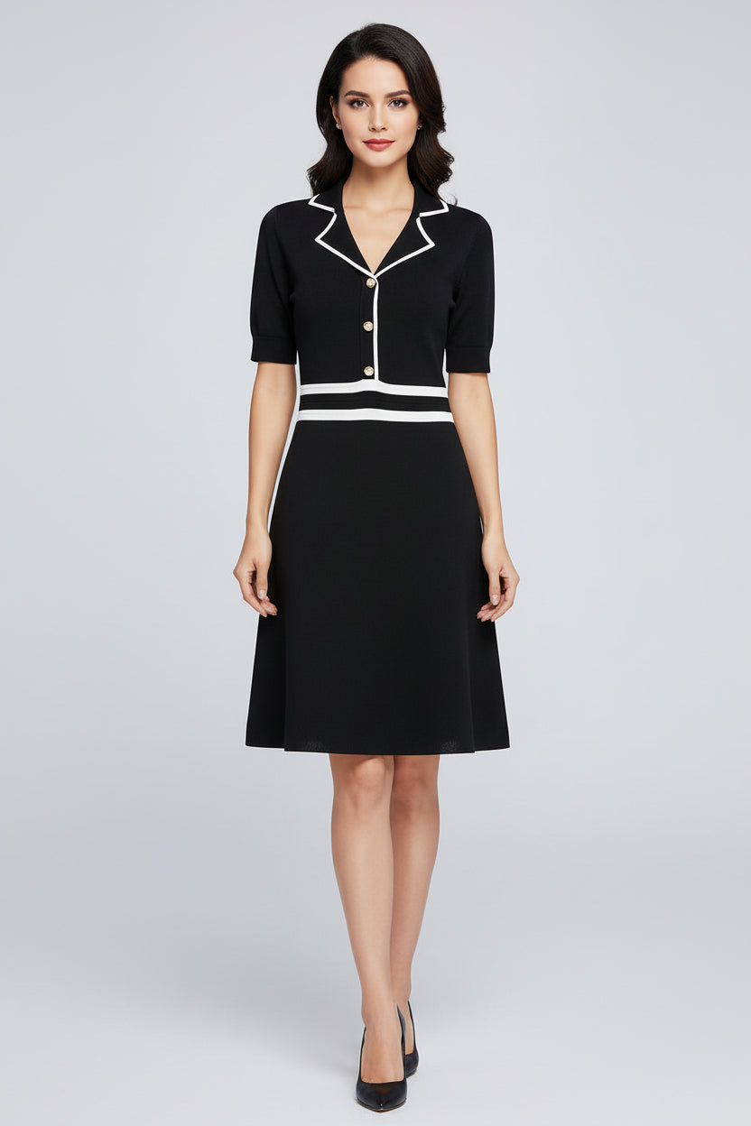 Women’s Lapel A-Line Short Sleeve High Waist Midi Dress