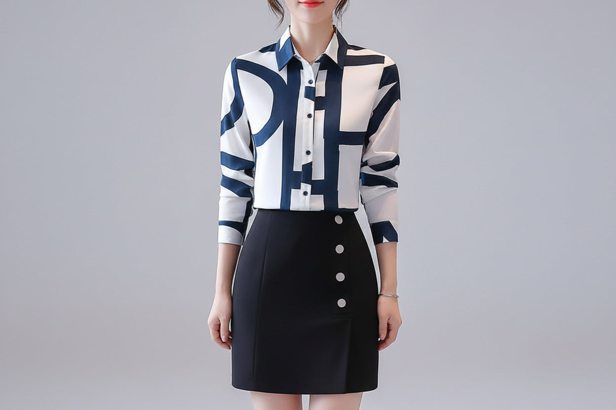 Women’s Lapel Chiffon Shirt Loose Fit Printed Long Sleeve Cardigan Top