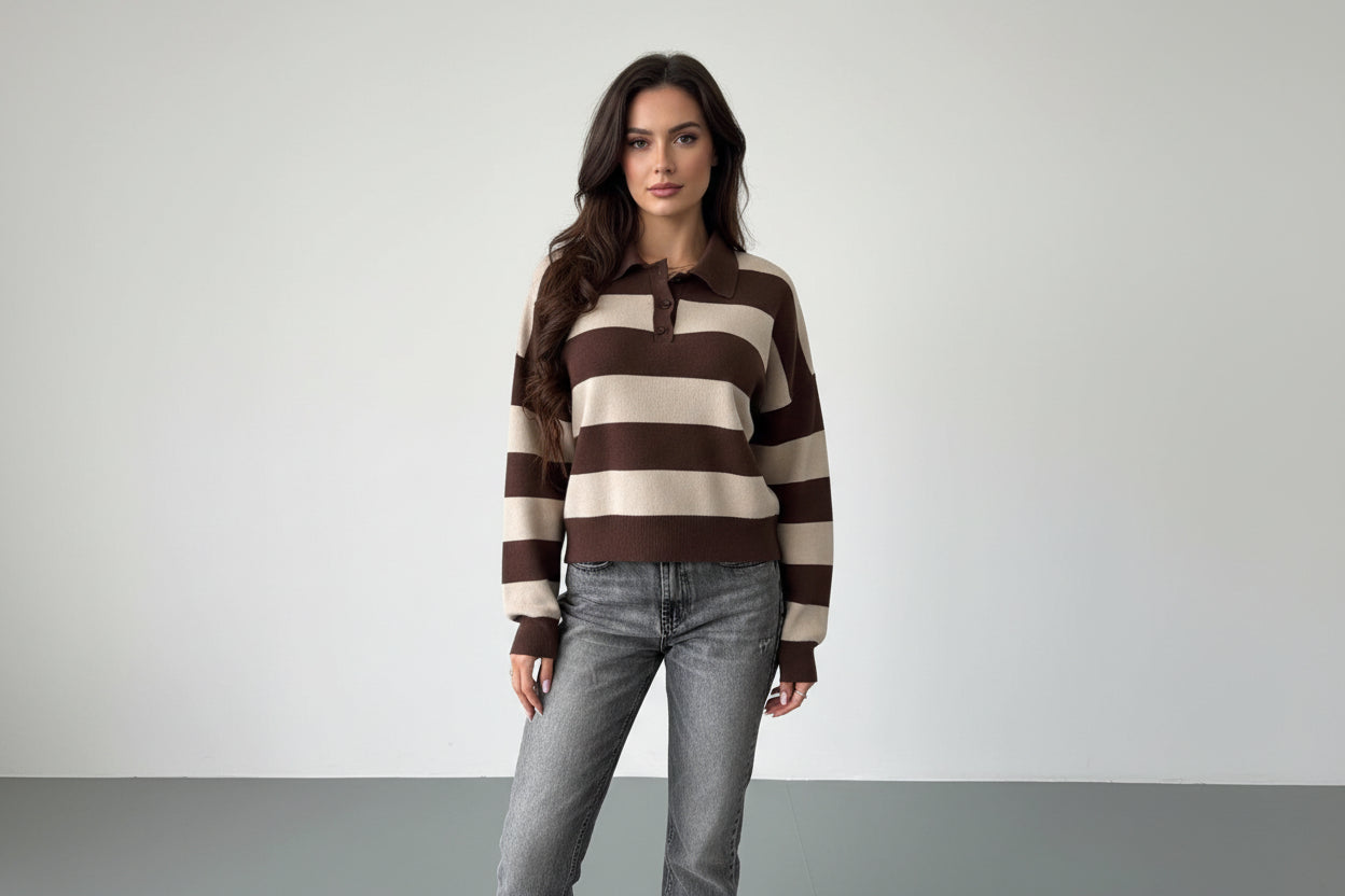 Women’s Lapel Half-Zip Striped Knit Sweater