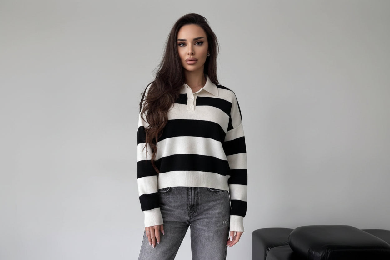 Women’s Lapel Half-Zip Striped Knit Sweater