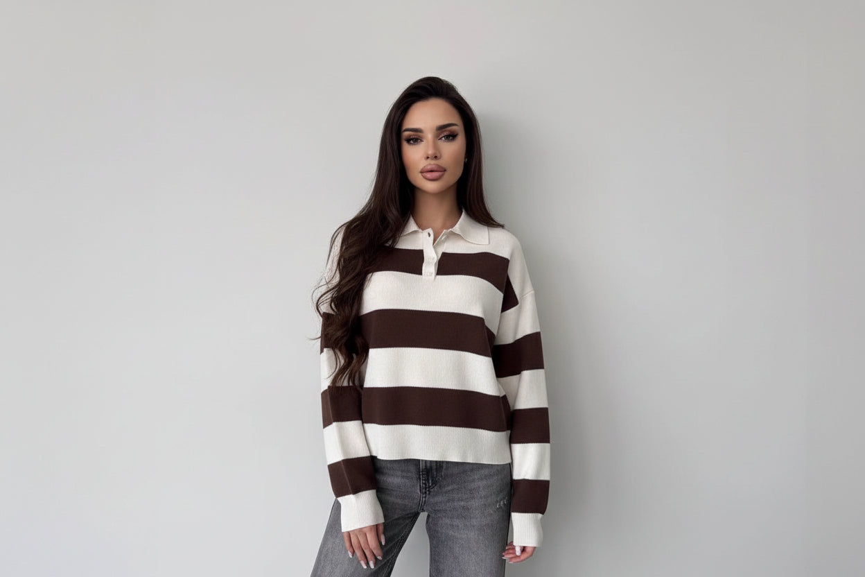 Women’s Lapel Half-Zip Striped Knit Sweater