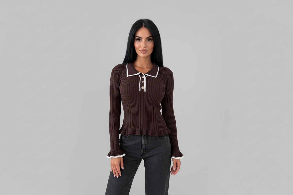 Women’s Lapel Ruffle Knit Sweater Color Block Slim Fit Long Sleeve Pullover