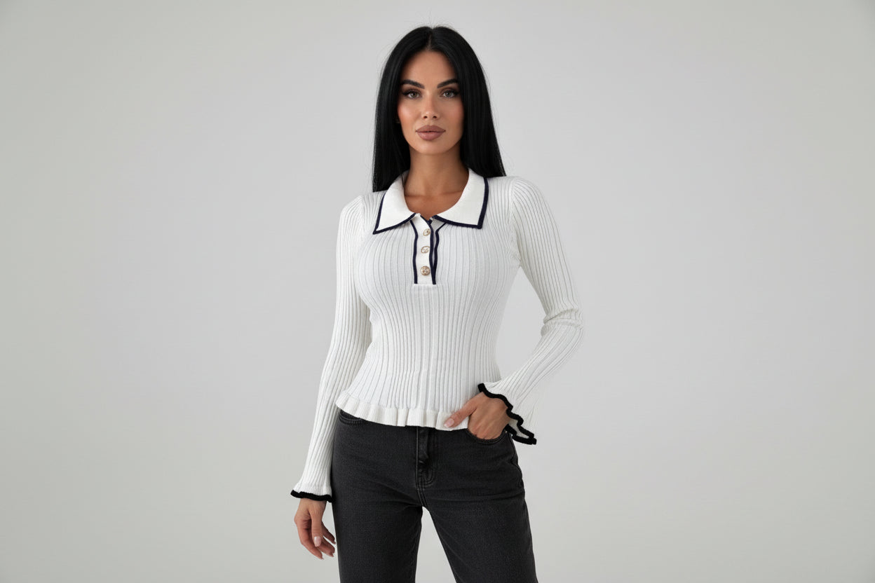 Women’s Lapel Ruffle Knit Sweater Color Block Slim Fit Long Sleeve Pullover
