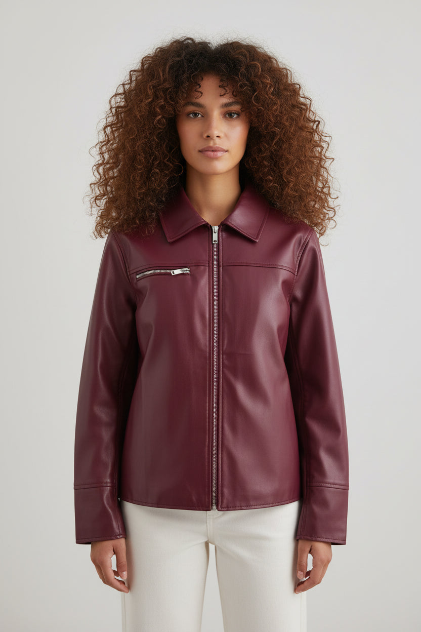 Women’s Lapel Zipper Leather Coat