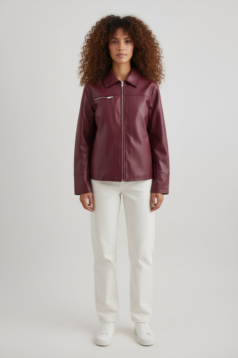 Women’s Lapel Zipper Leather Coat