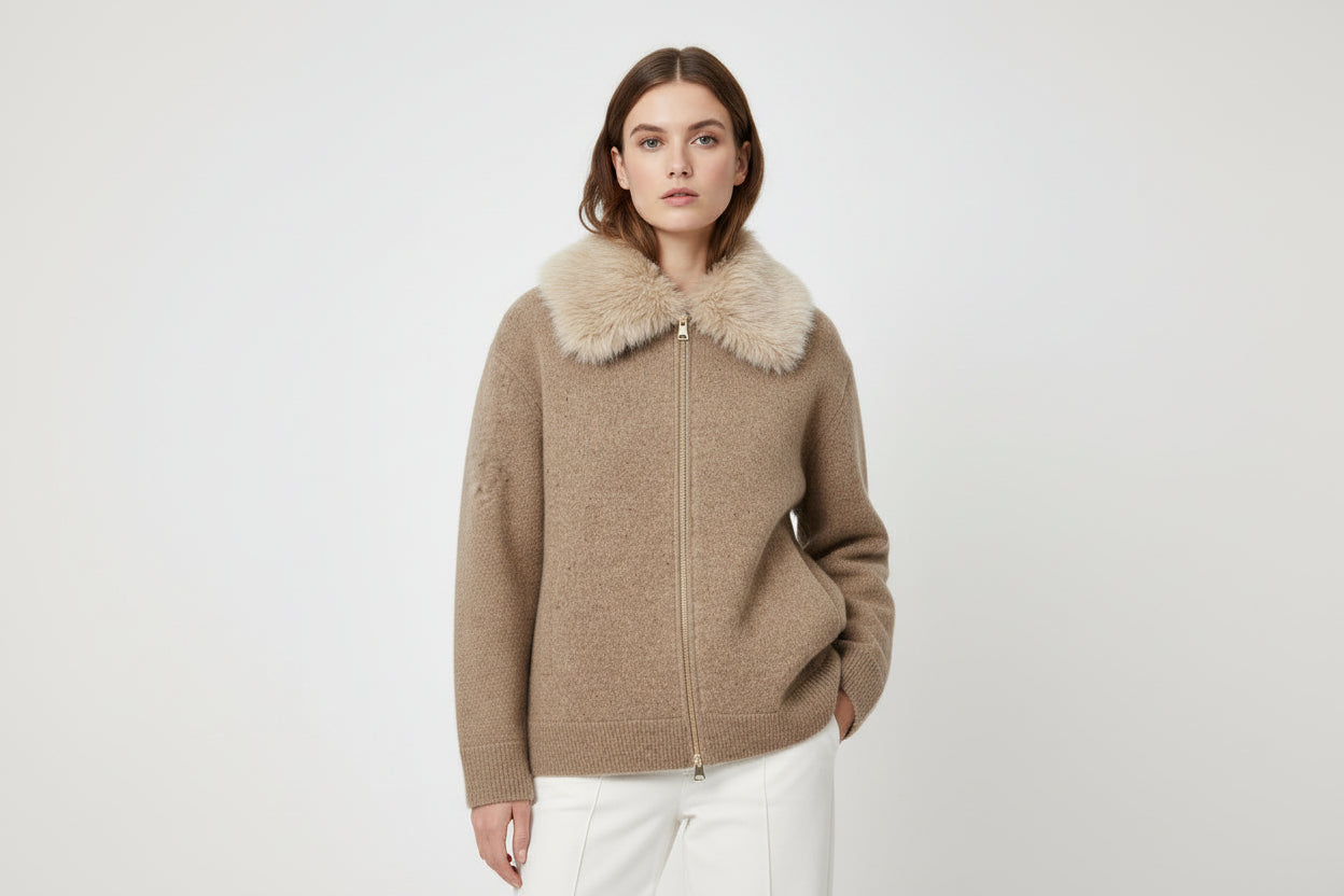 Women’s Lazy Style Knit Cardigan Jacket with Faux Fur Collar