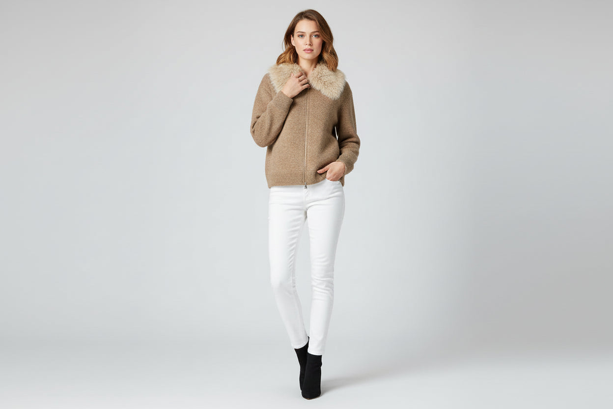 Women’s Lazy Style Knit Cardigan Jacket with Faux Fur Collar