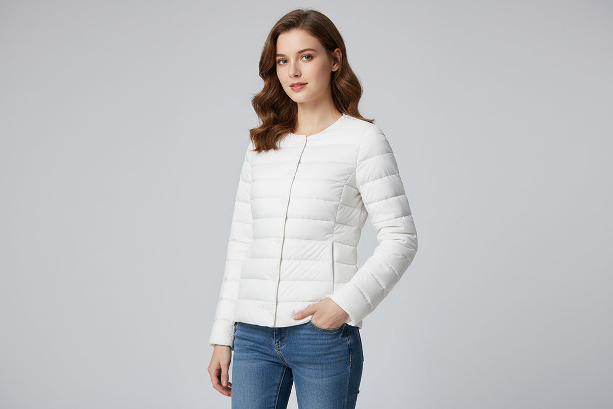 Women’s Lightweight Collarless Round Neck Slim Fit Down Jacket