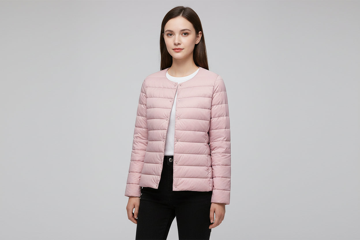 Women’s Lightweight Collarless Round Neck Slim Fit Down Jacket