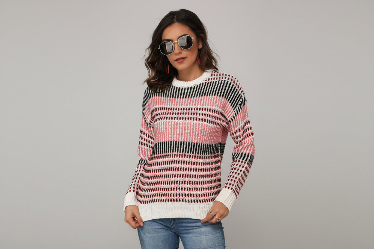Women’s Long Sleeve Crew Neck Striped Knit Sweater