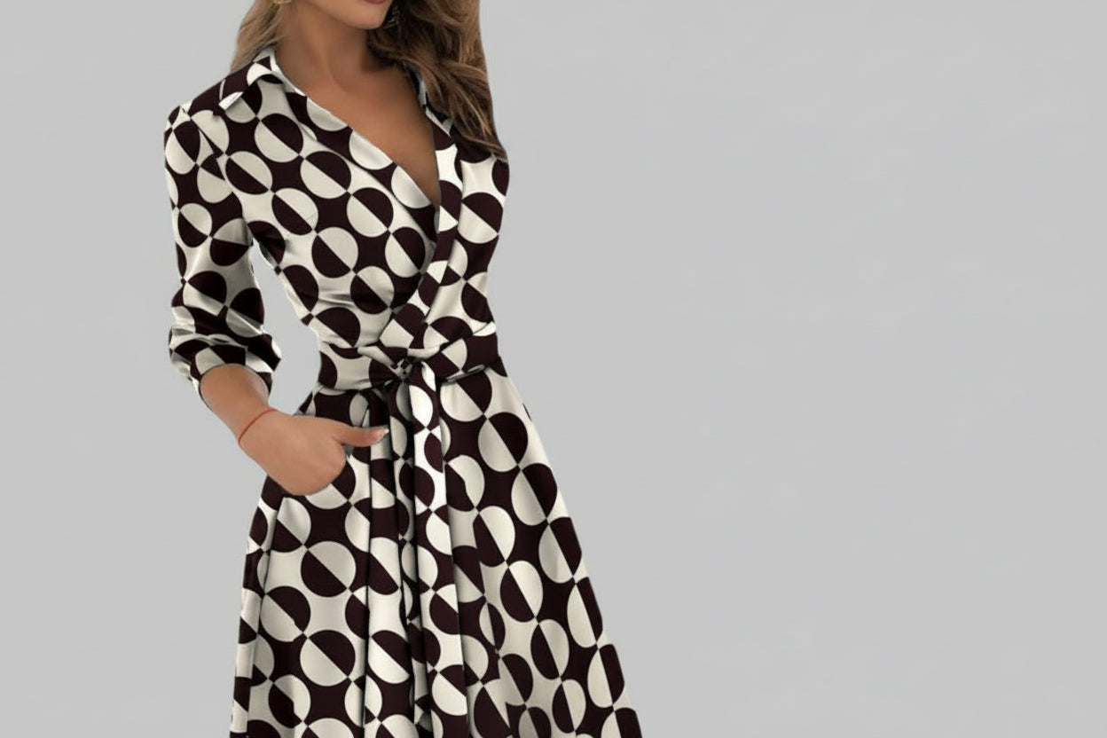 Women’s Long Sleeve Deep V-Neck Irregular Print Dress