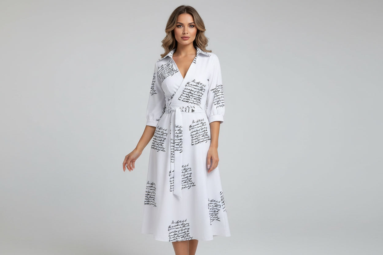 Women’s Long Sleeve Deep V-Neck Irregular Print Dress