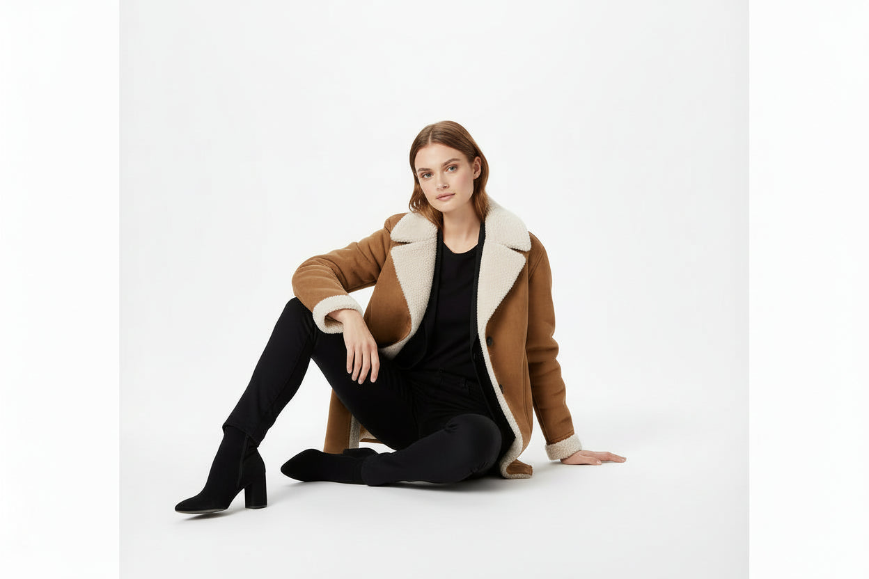 Women’s Loose-Fit Fur-Trim Leather-Style Overcoat