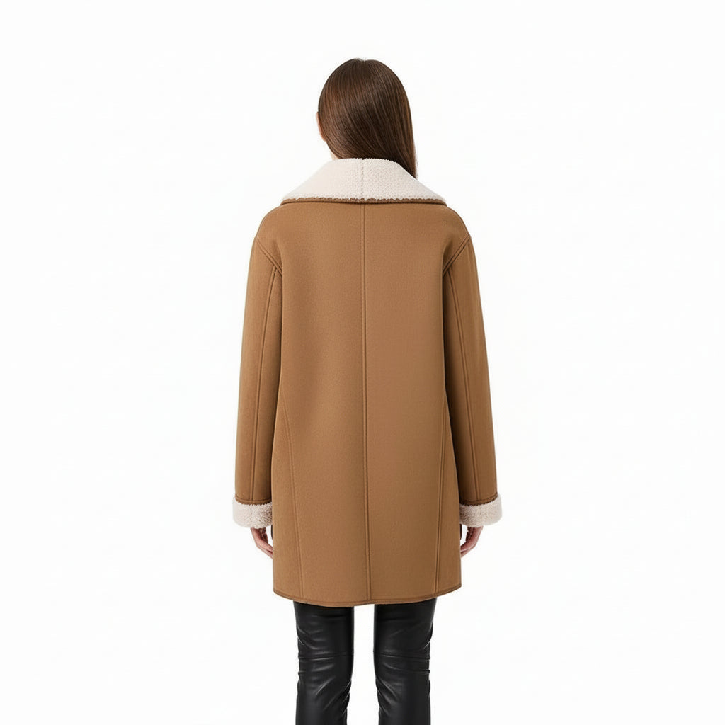 Women’s Loose-Fit Fur-Trim Leather-Style Overcoat