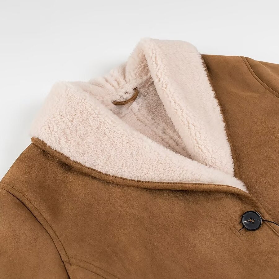 Women’s Loose-Fit Fur-Trim Leather-Style Overcoat