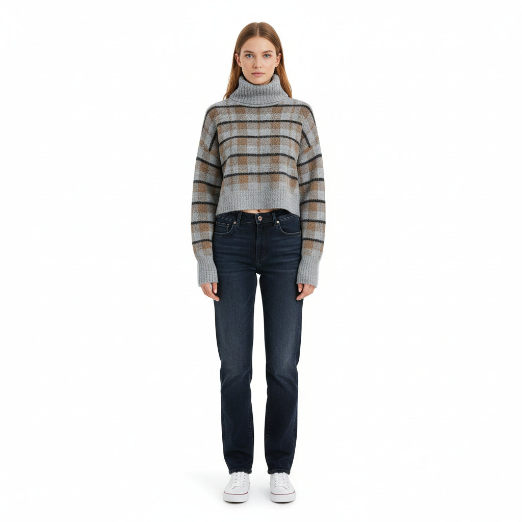 Women’s Loose-Fit Wool-Blend Check Turtleneck Sweater