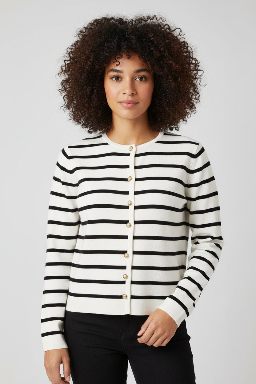 Women’s  Round Neck Striped Knitted Cardigan