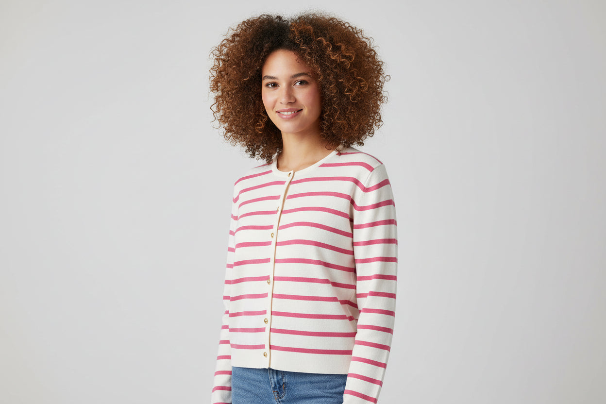 Women’s  Round Neck Striped Knitted Cardigan