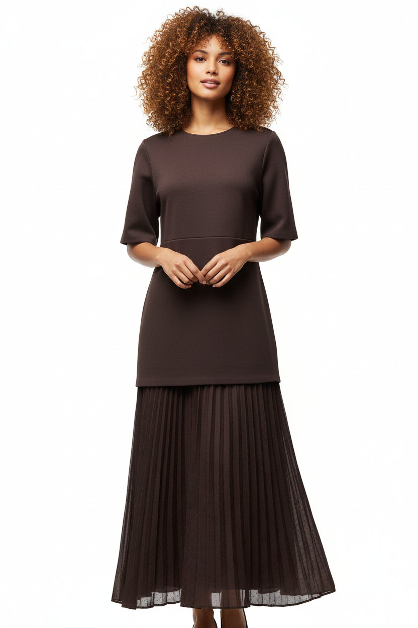 Women’s Elegant Brown Patchwork Pleated Midi Dress
