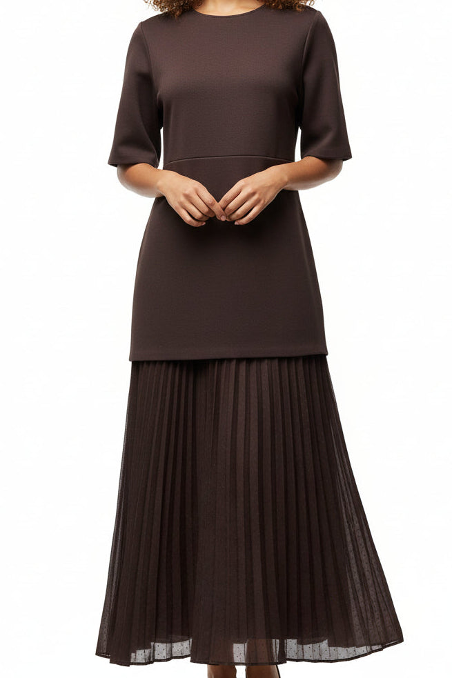 Women’s Elegant Brown Patchwork Pleated Midi Dress