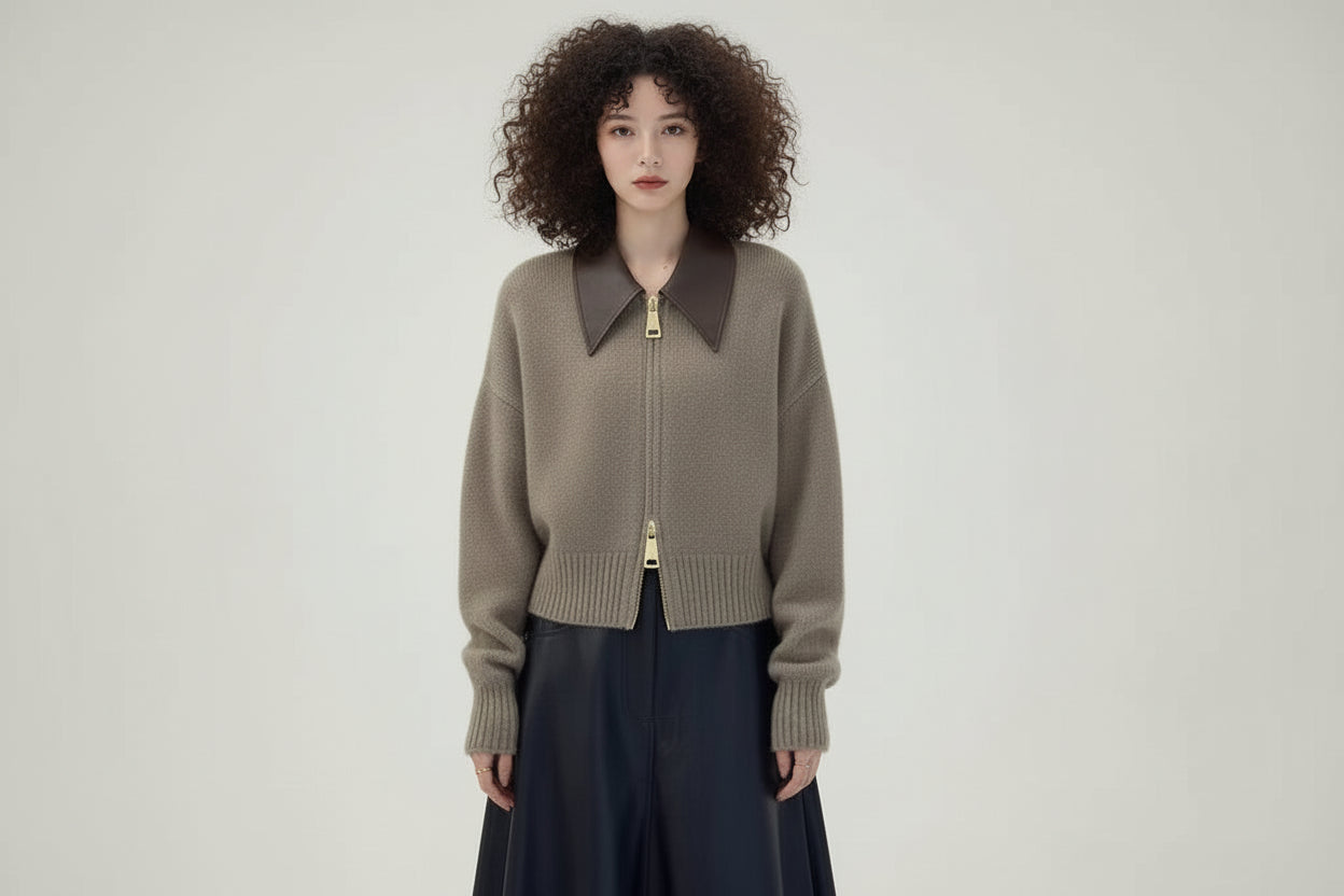 Women’s Polo Collar Zipper Knitted Cardigan Jacket