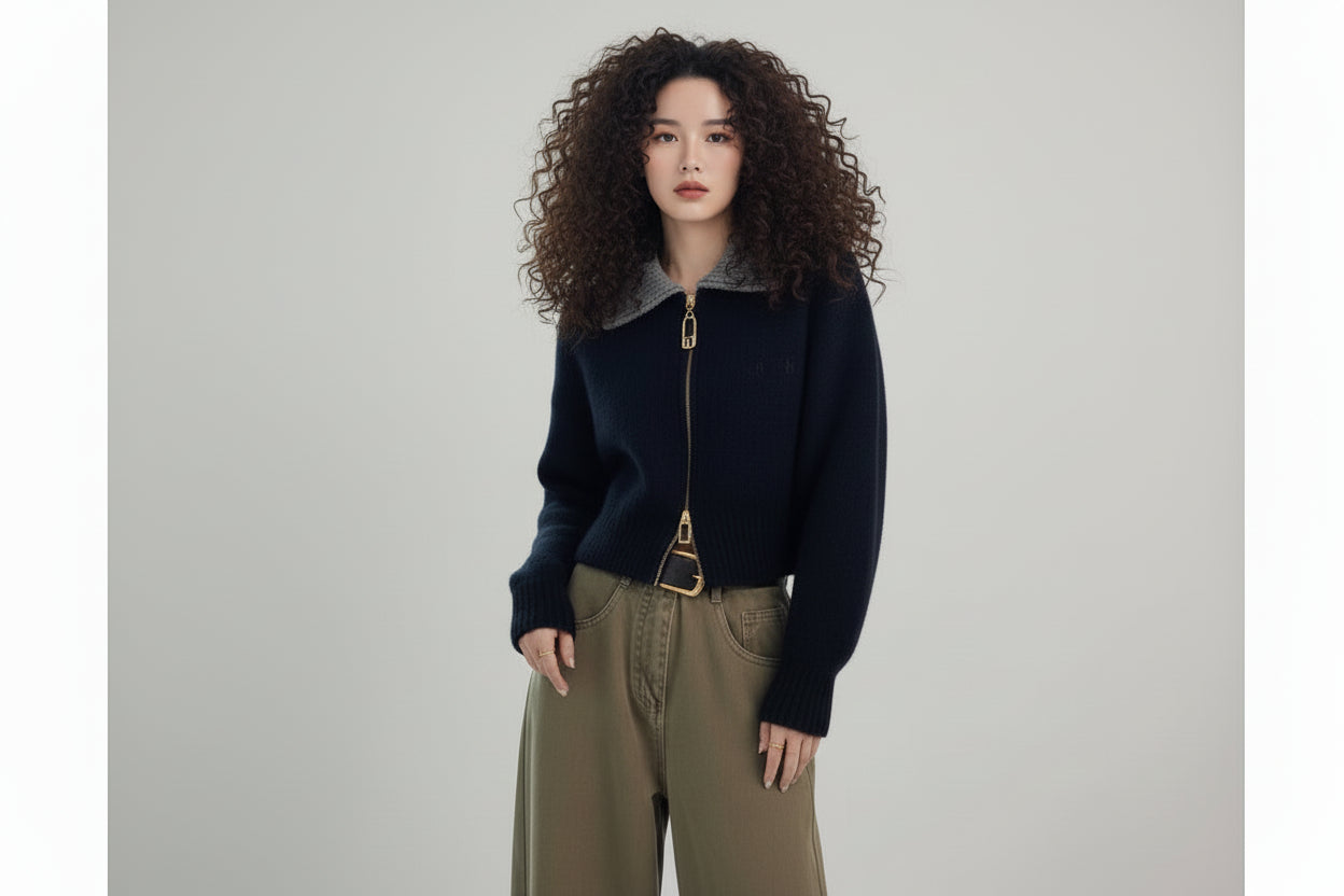 Women’s Polo Collar Zipper Knitted Cardigan Jacket