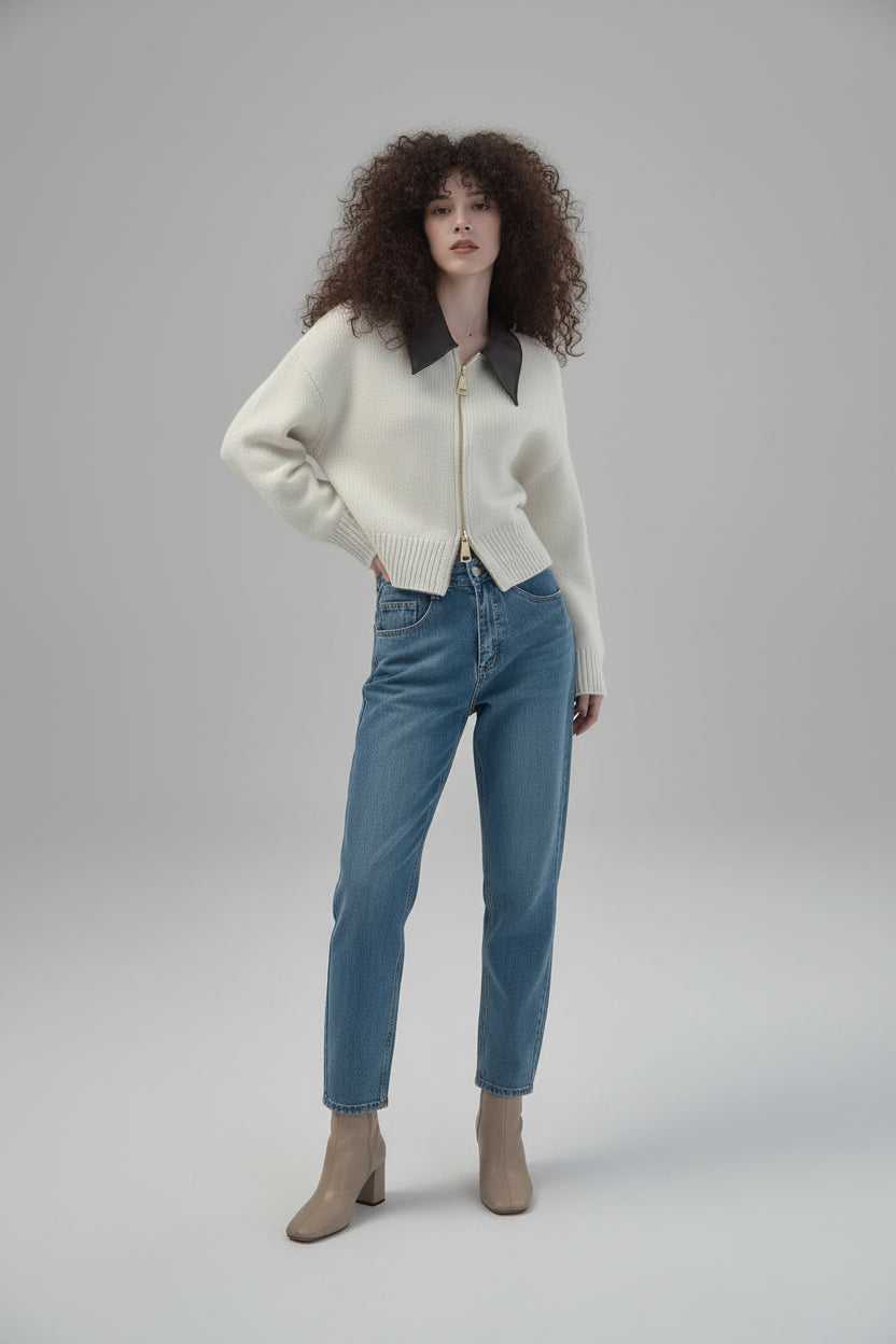 Women’s Polo Collar Zipper Knitted Cardigan Jacket