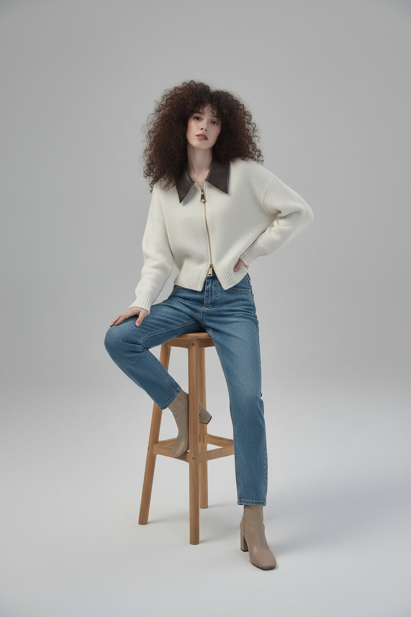 Women’s Polo Collar Zipper Knitted Cardigan Jacket