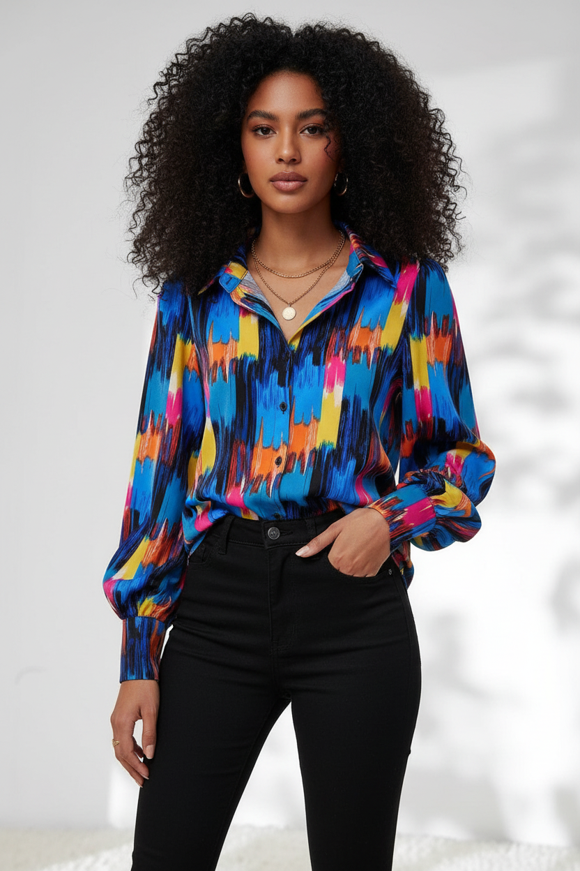 Cropped colorful abstract print shirt with curly hair model
