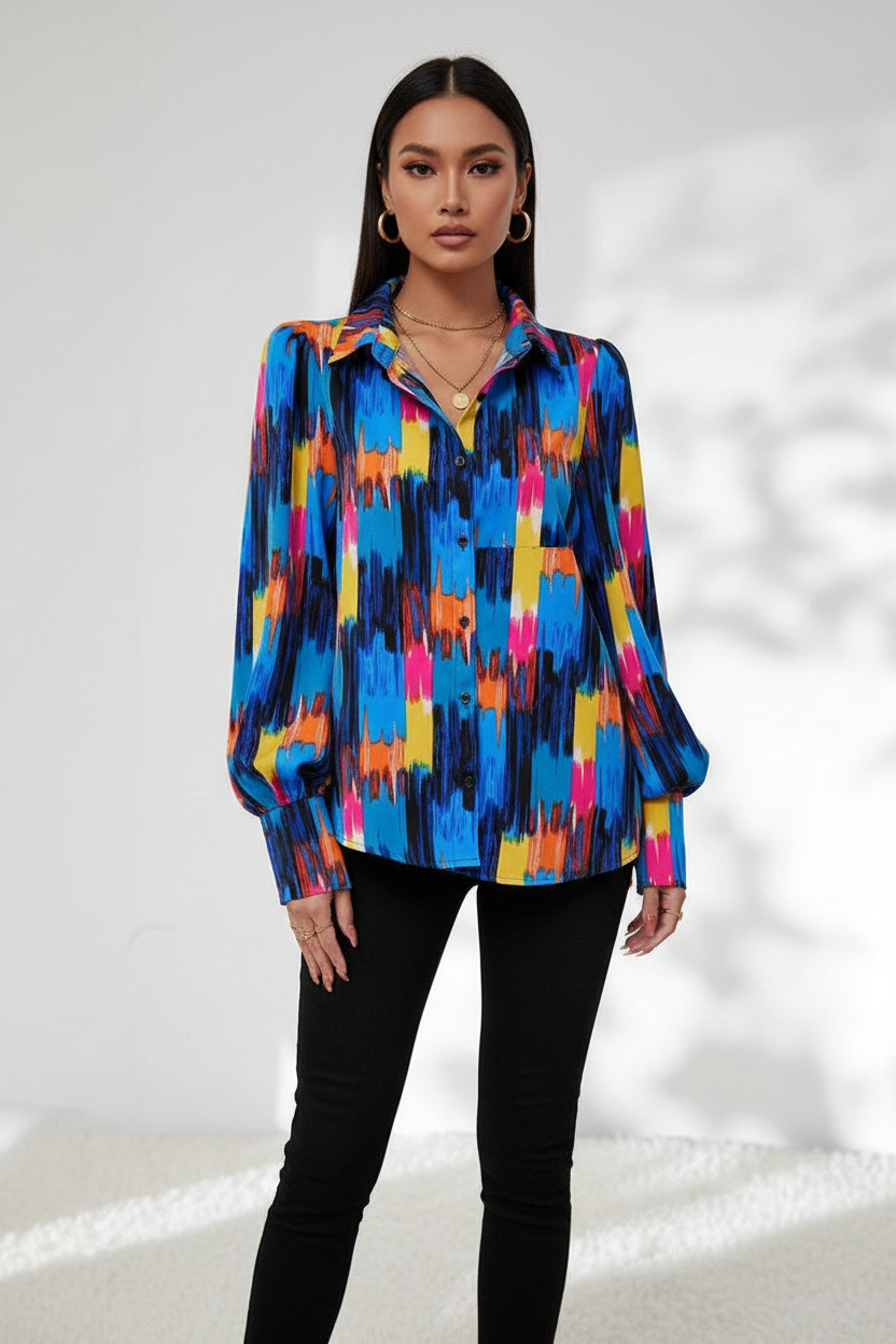 Full body front view colorful abstract print shirt