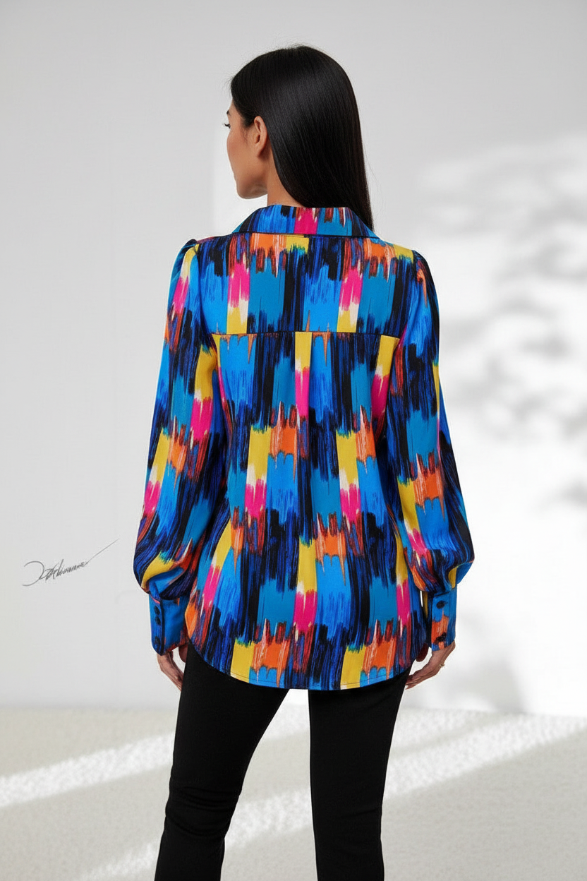 Full body back view colorful abstract print shirt