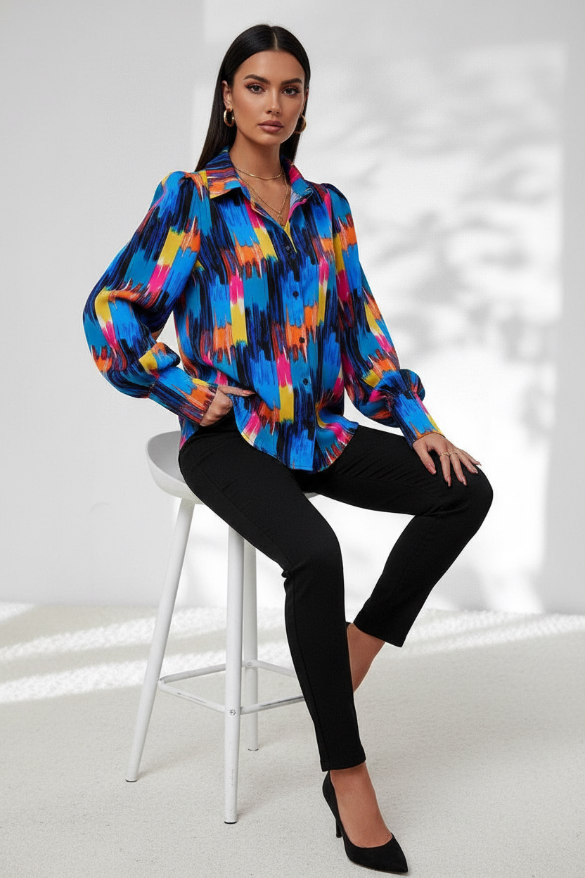 Colorful abstract print shirt sitting on stool
