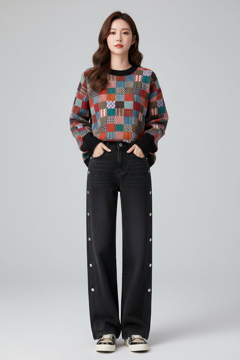 Women's Round Neck Plaid Retro Pullover Sweater