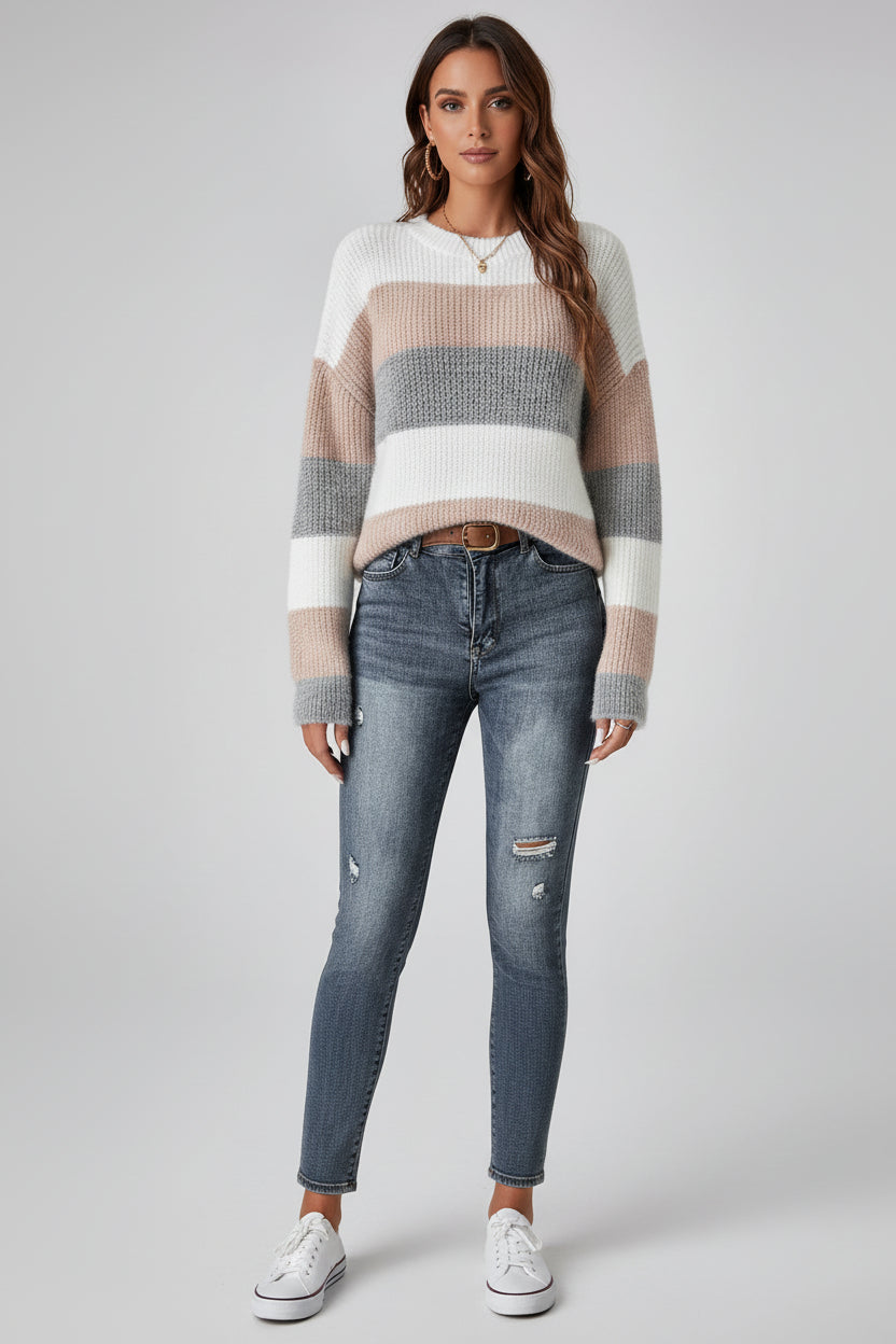Women’s Round Neck Striped Contrast Color Pullover Sweater