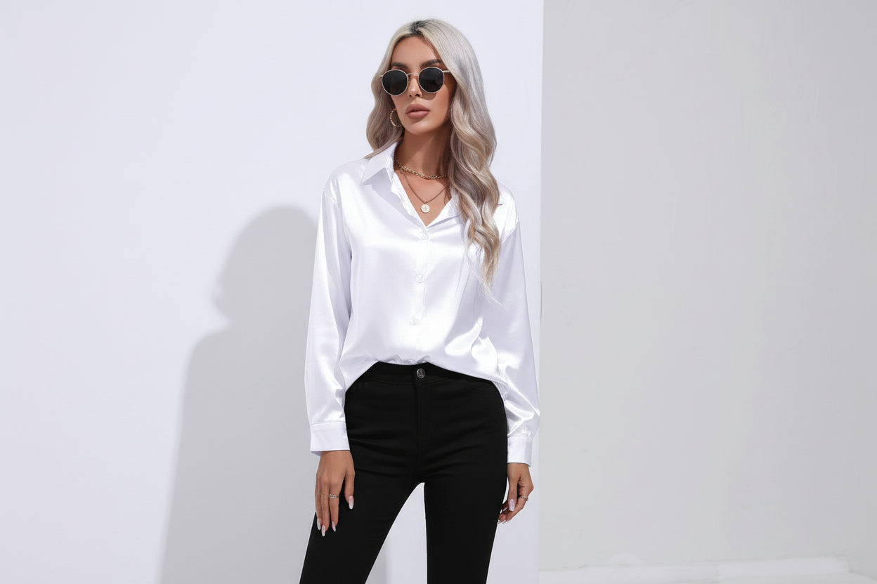 Women’s Satin Long Sleeve Shirt Button Cardigan Blouse