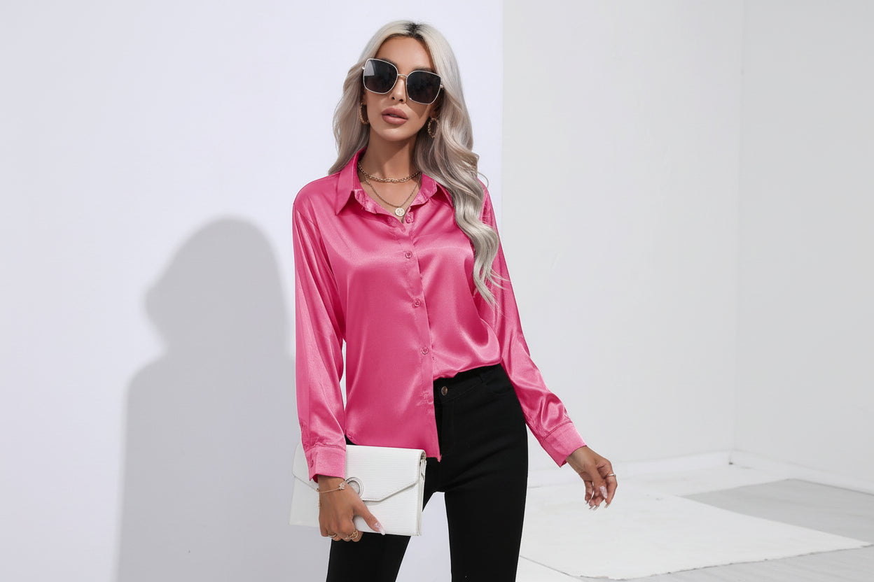 Women’s Satin Long Sleeve Shirt Button Cardigan Blouse