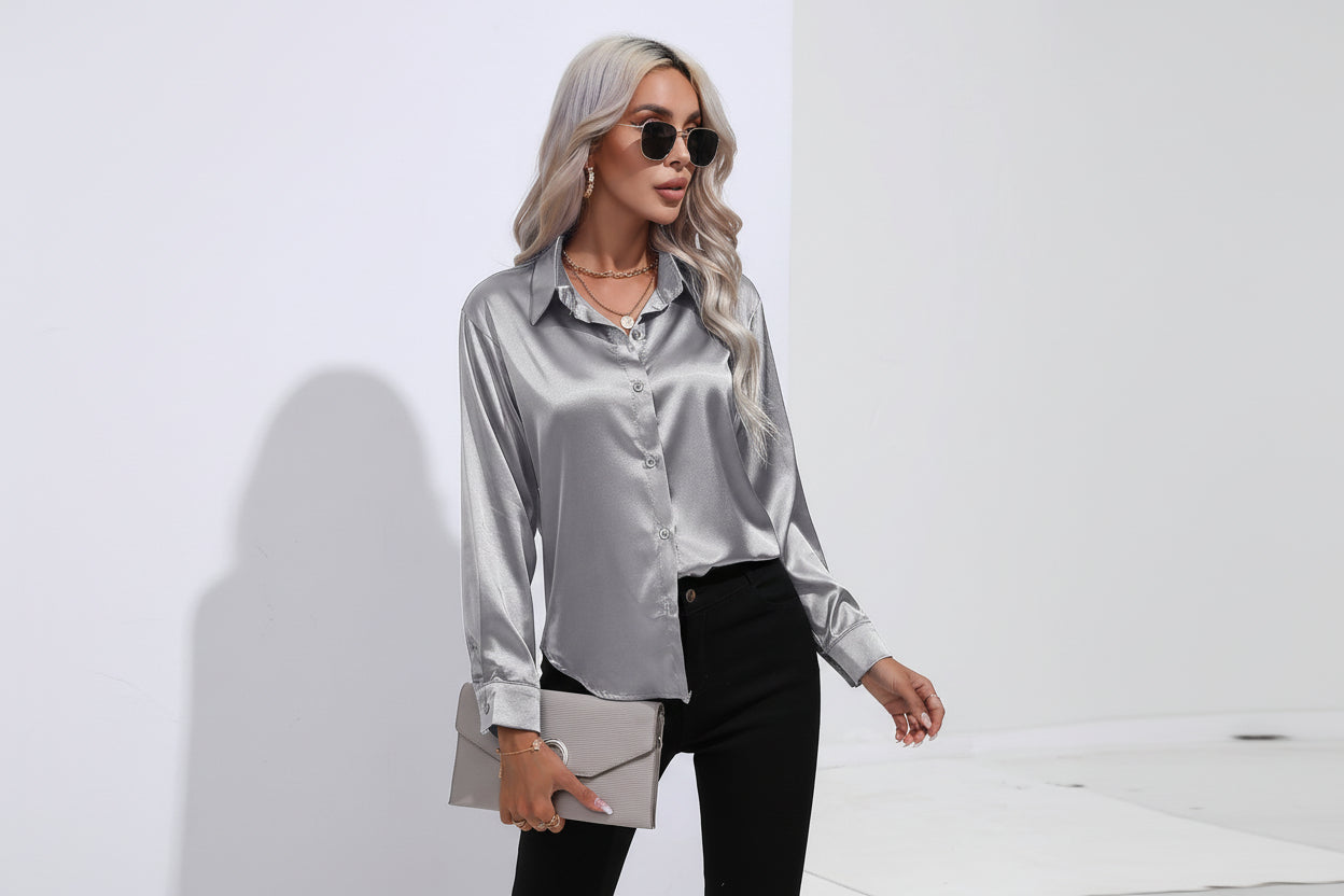 Women’s Satin Long Sleeve Shirt Button Cardigan Blouse