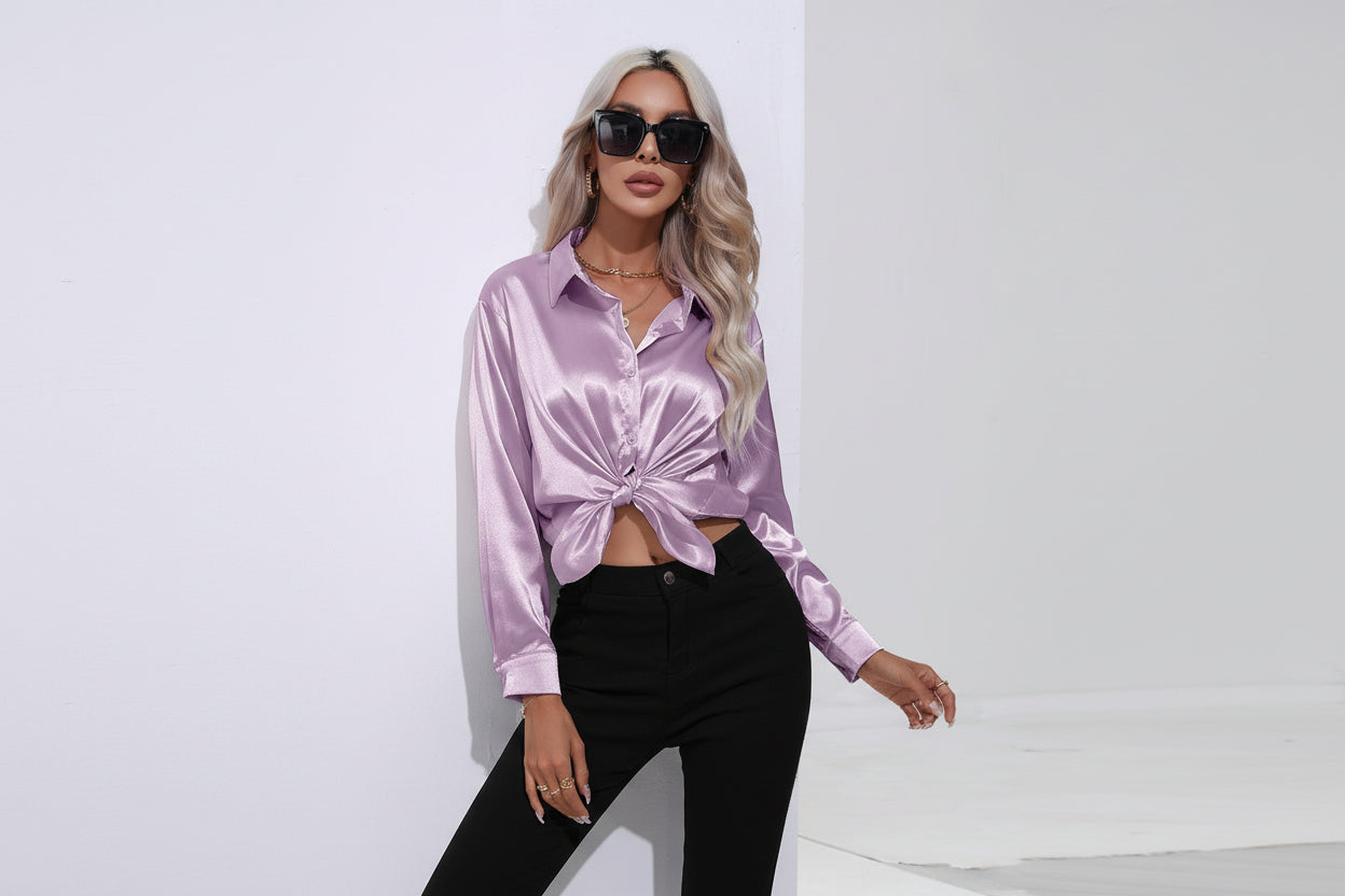 Women’s Satin Long Sleeve Shirt Button Cardigan Blouse