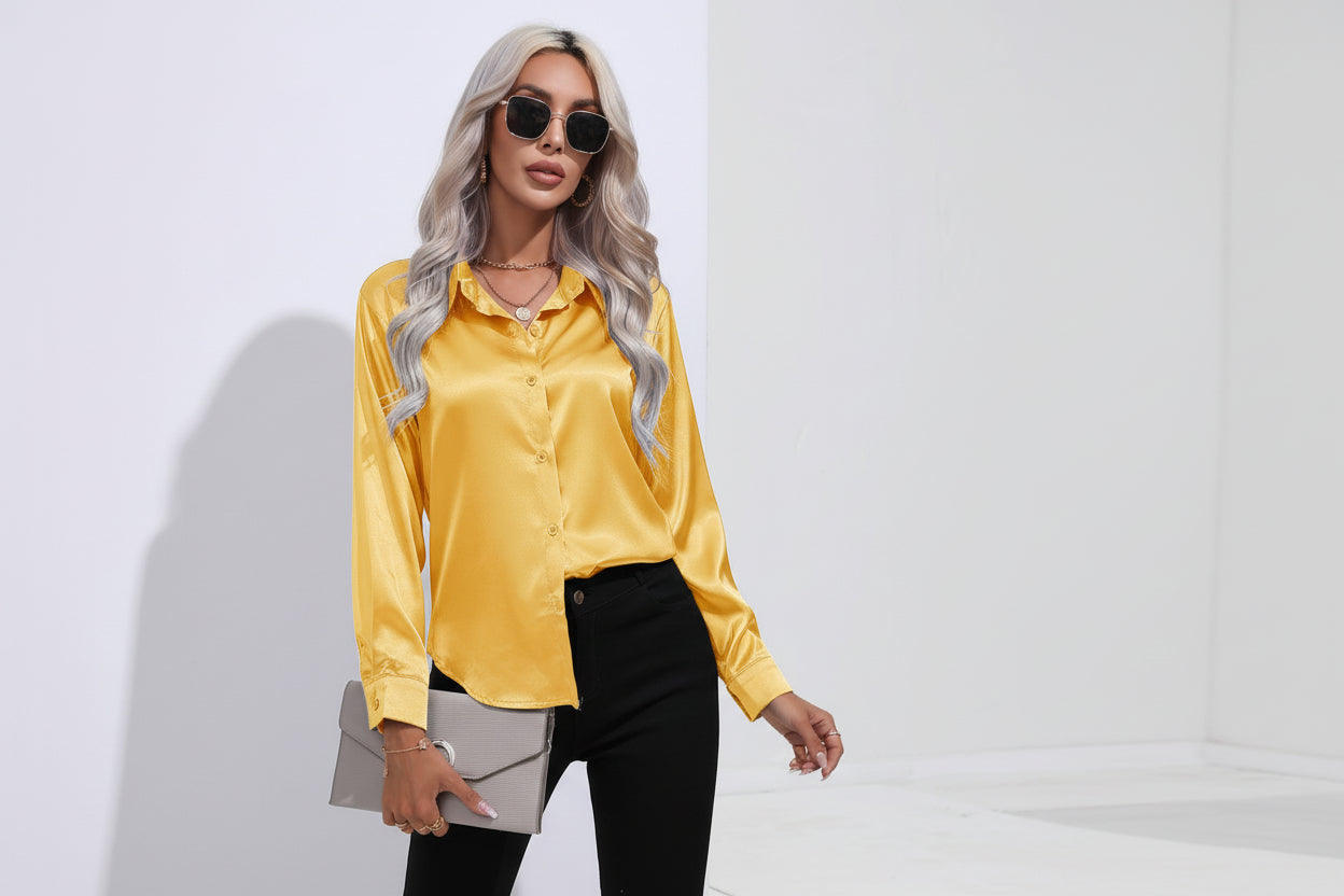 Women’s Satin Long Sleeve Shirt Button Cardigan Blouse