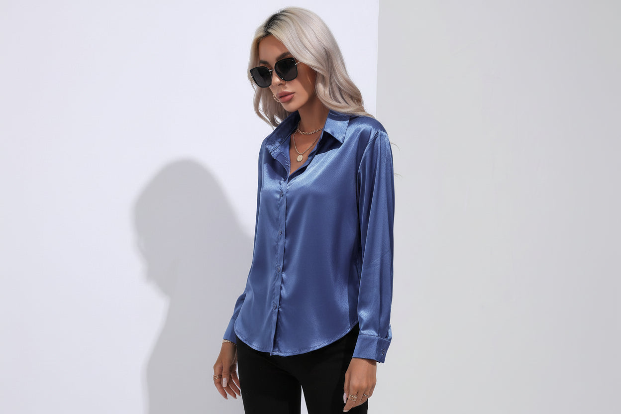 Women’s Satin Long Sleeve Shirt Button Cardigan Blouse