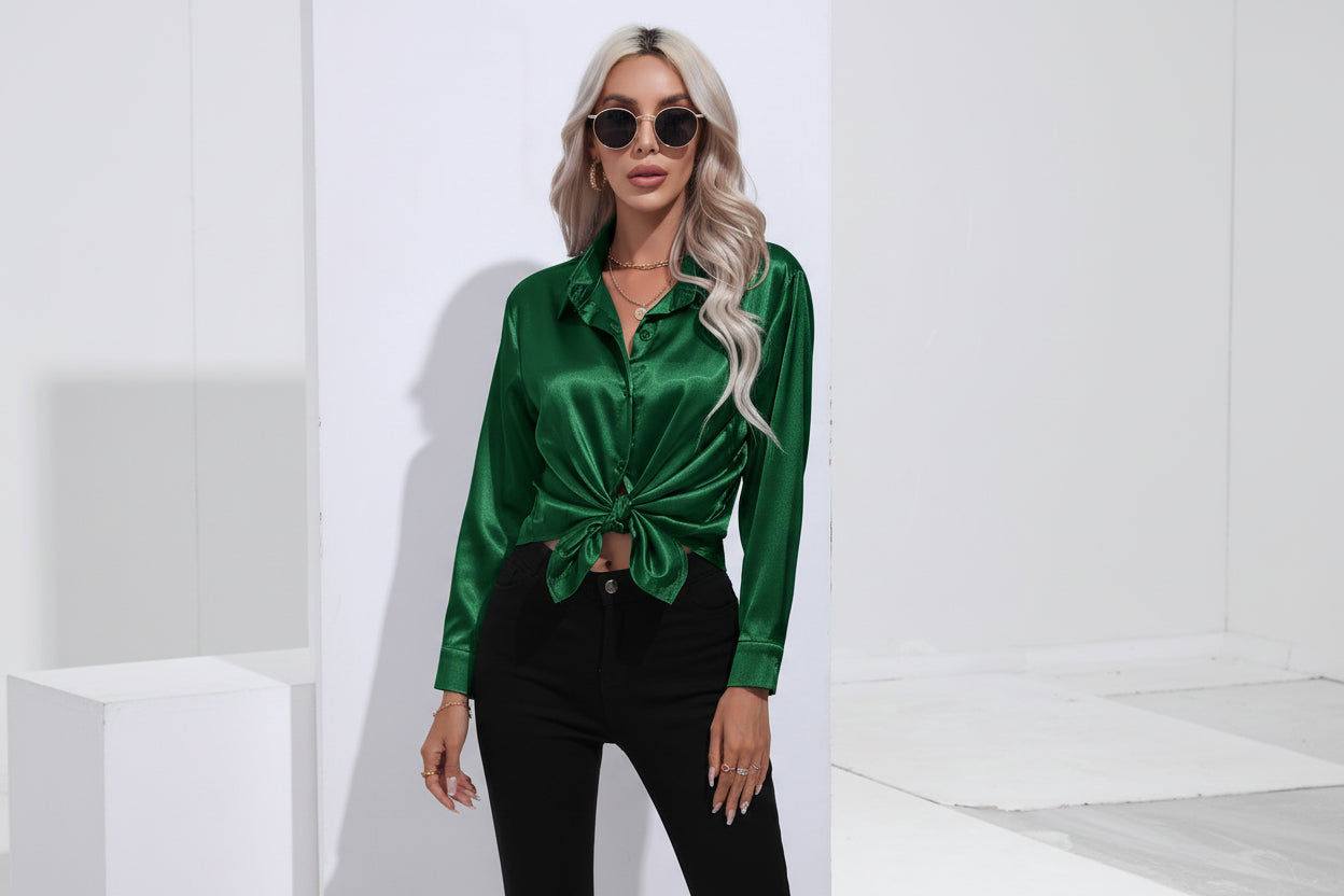 Women’s Satin Long Sleeve Shirt Button Cardigan Blouse
