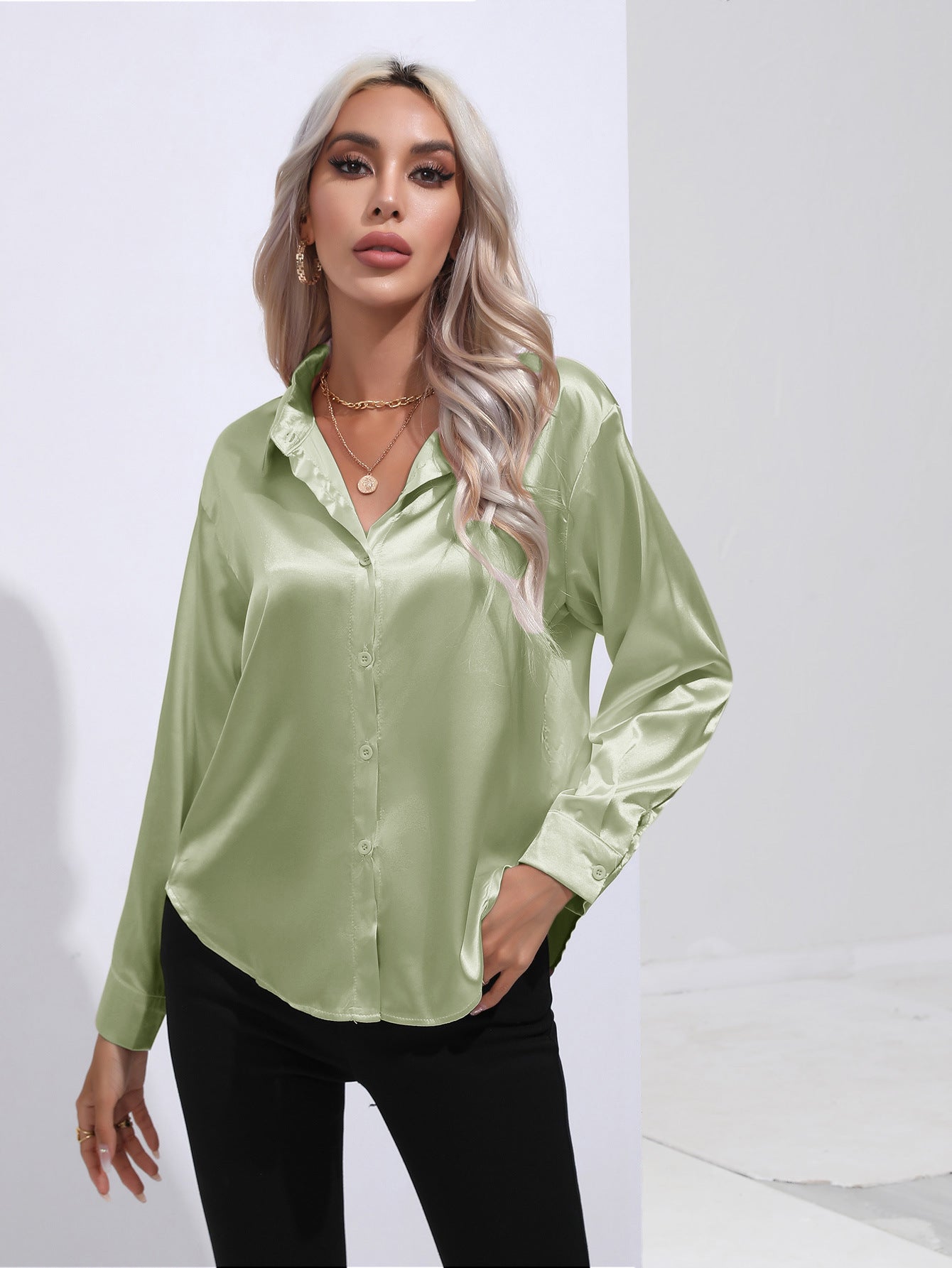 Women’s Satin Long Sleeve Shirt Button Cardigan Blouse