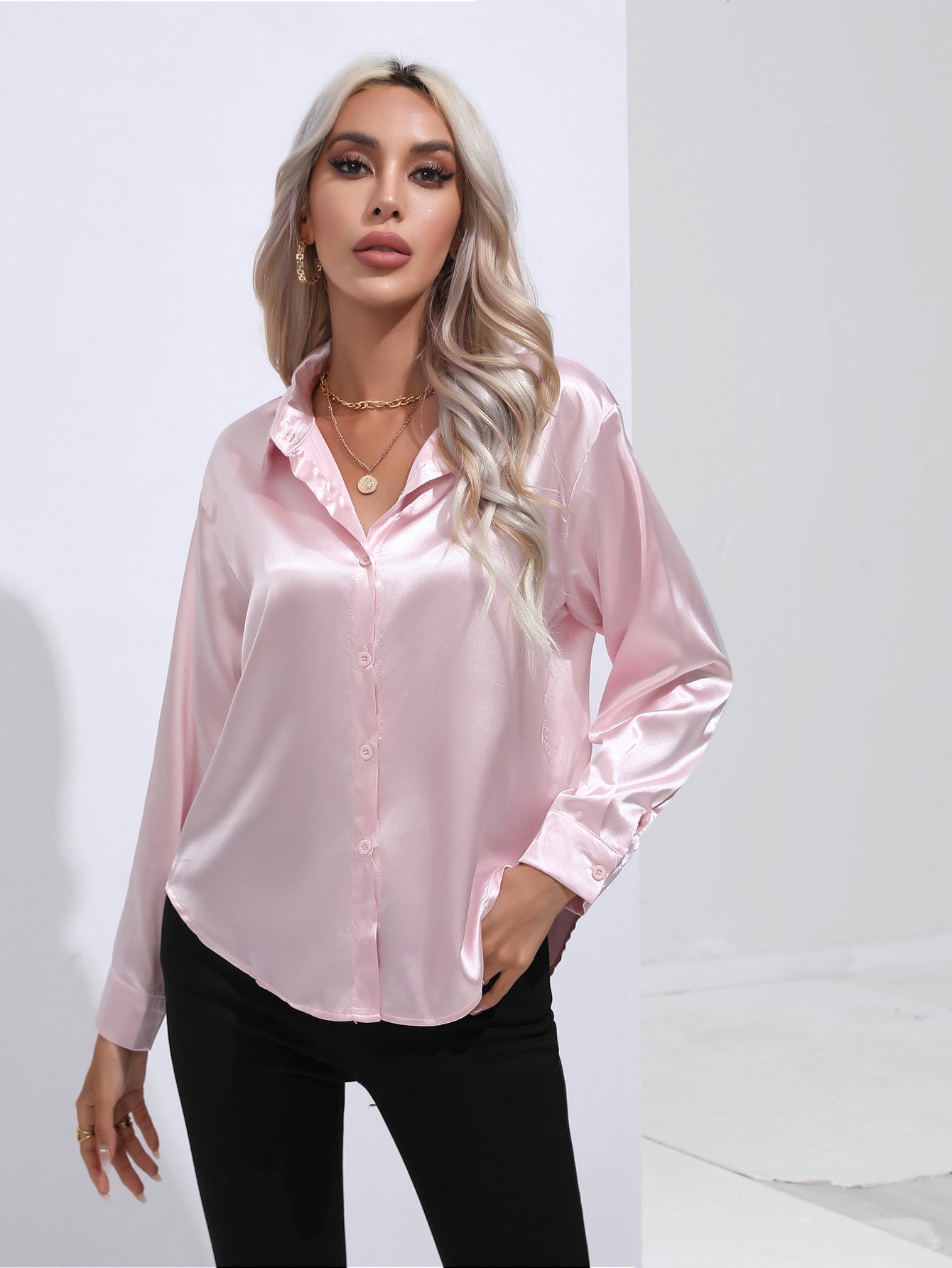 Women’s Satin Long Sleeve Shirt Button Cardigan Blouse