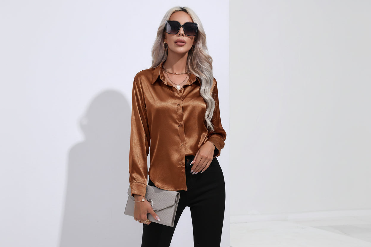 Women’s Satin Long Sleeve Shirt Button Cardigan Blouse