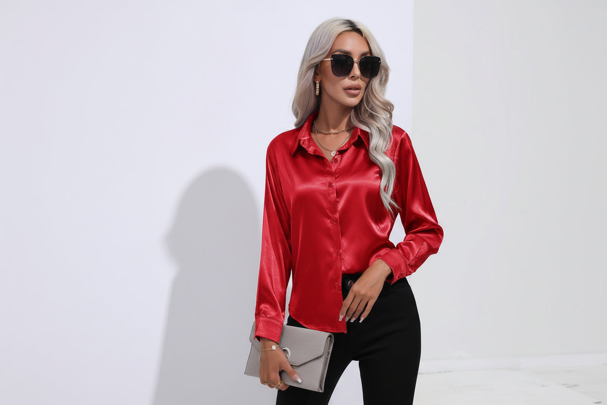 Women’s Satin Long Sleeve Shirt Button Cardigan Blouse