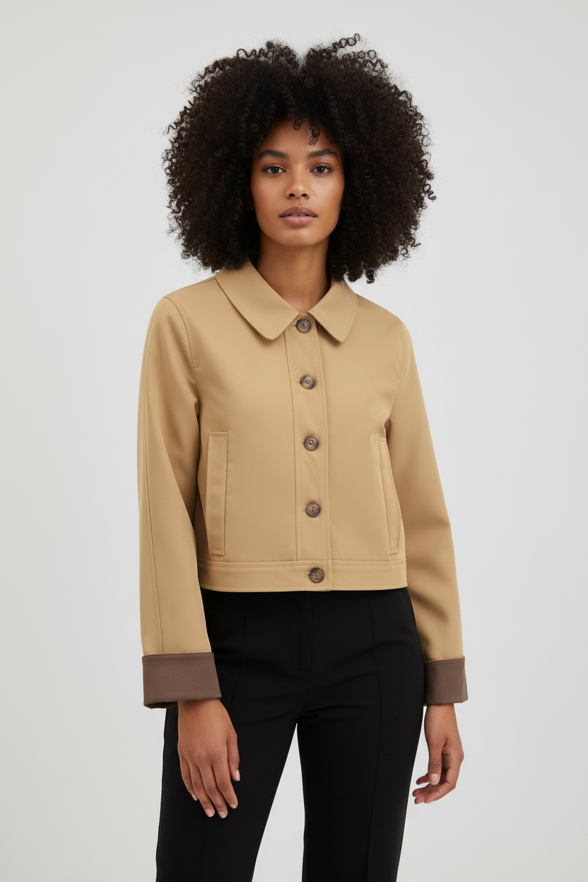 Full body front view tan jacket