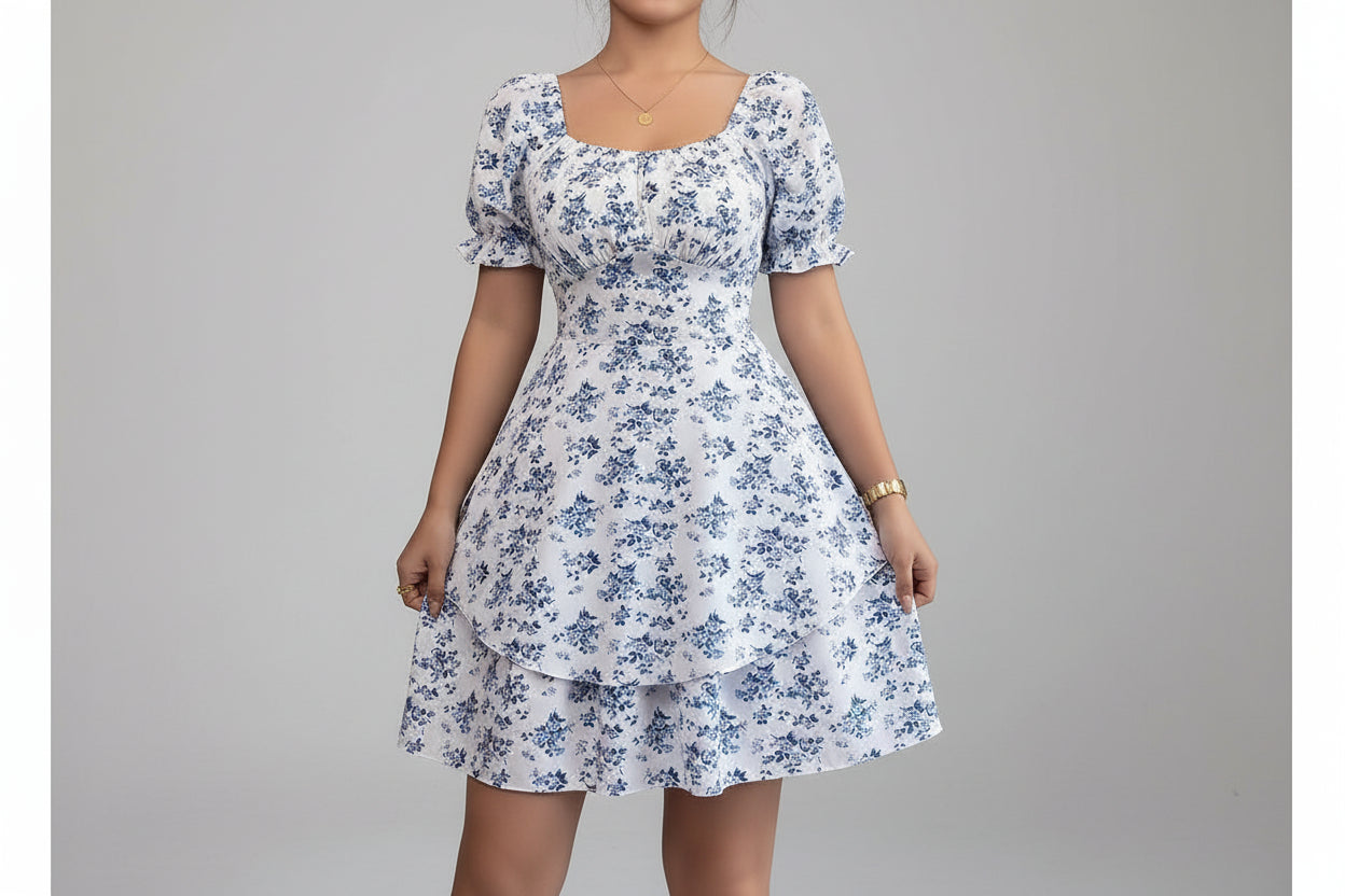Women’s Short Sleeve Floral Print Midi Dress High Waist Elegant Flared Dress